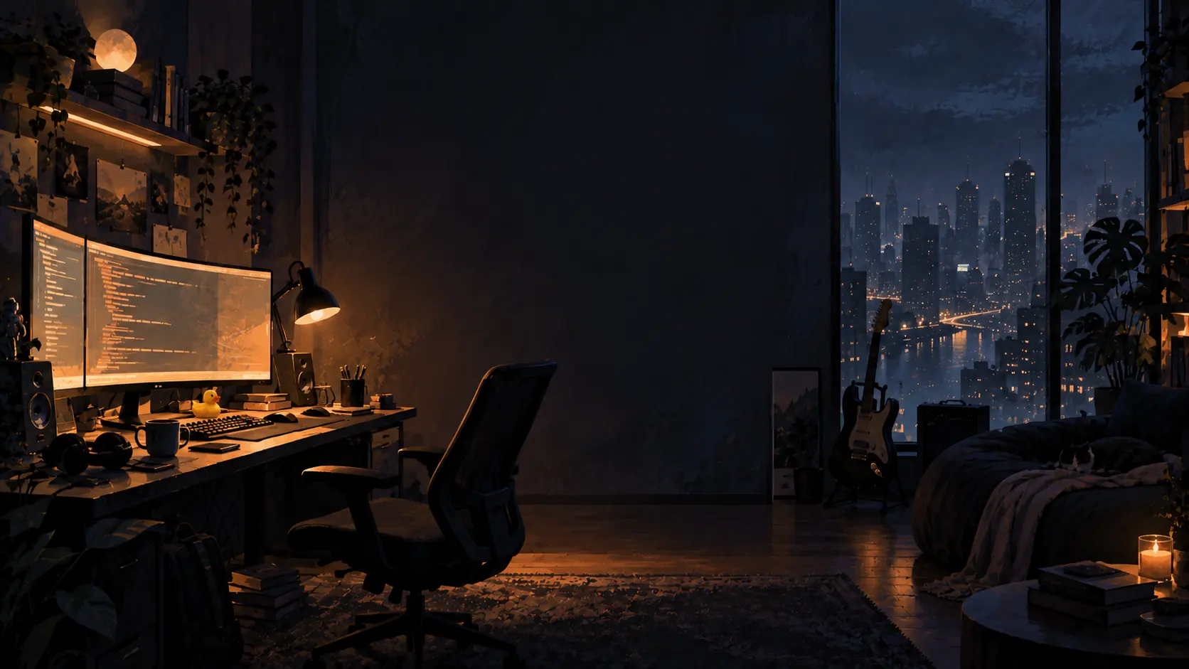 A developer's desk at night — glowing monitors, a desk lamp, a rubber duck beside the keyboard, and a city skyline through the window.